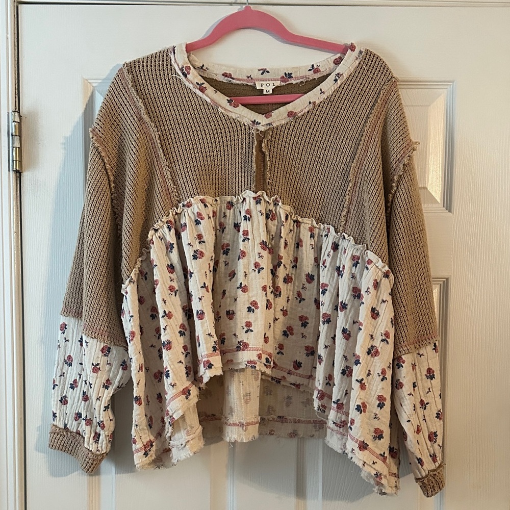 POL Floral Knit Patchwork Blouse - Cream and Brown